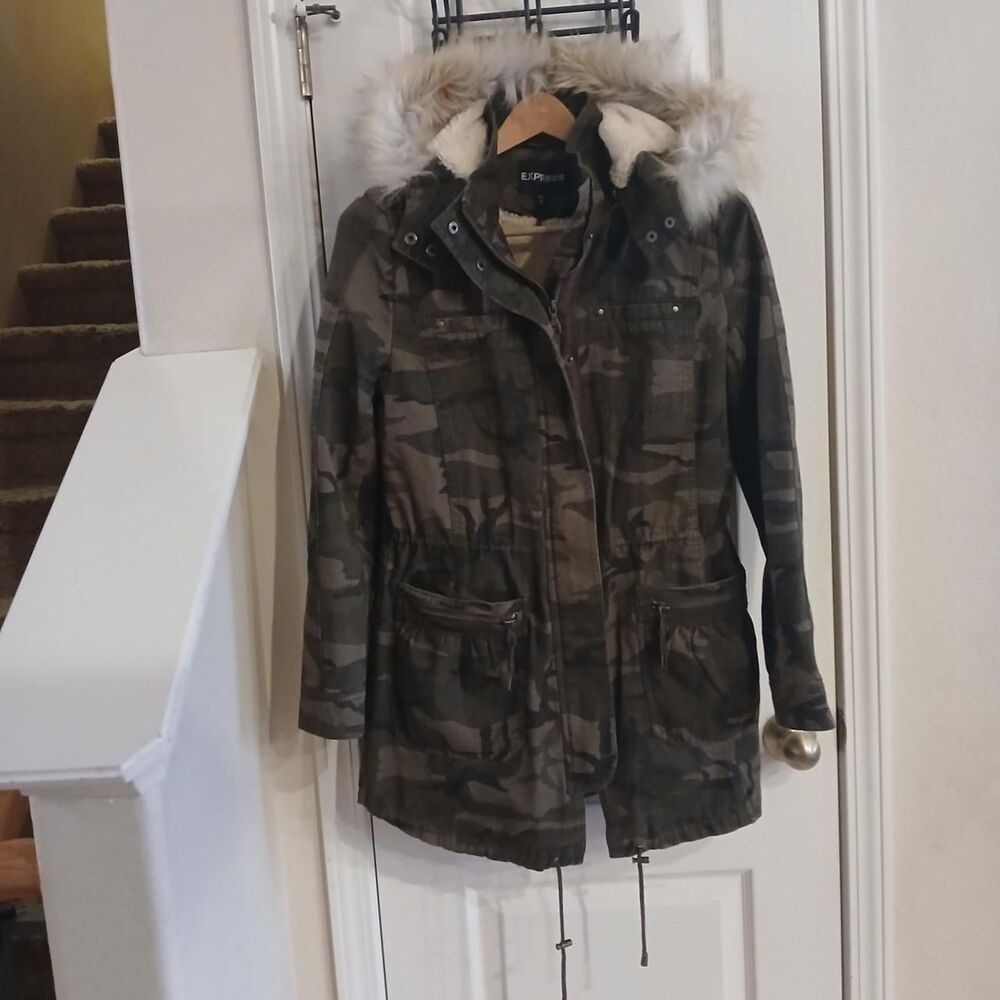 Y2K style camo parka utility jacket chore coat removable faux fur liner & hood S